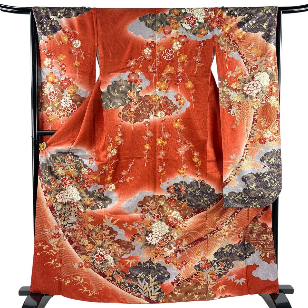 振袖 美品 秀品 身丈165.5cm 裄丈63cm 正絹 【中古】 美品】 振袖 身丈165.5cm 裄丈65cm M 袷 牡丹 松梅 金糸 金彩 ピンク