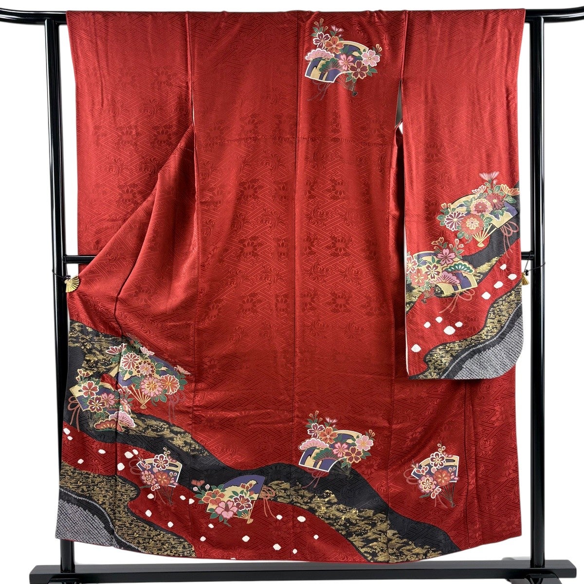 振袖 身丈154.5cm 裄丈62cm S 袷 鈴乃屋 扇 菊 金糸 金彩 赤 正絹 秀品