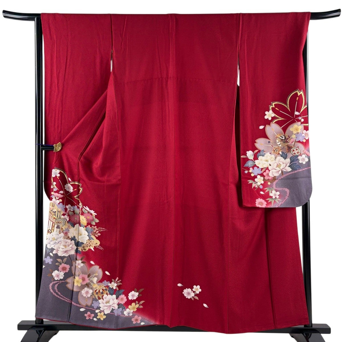 赤×黒 華文様 振袖 身丈157 美品】 振袖 身丈157cm 裄丈65.5cm M 袷 御所車 草花 金彩 染め分け 赤