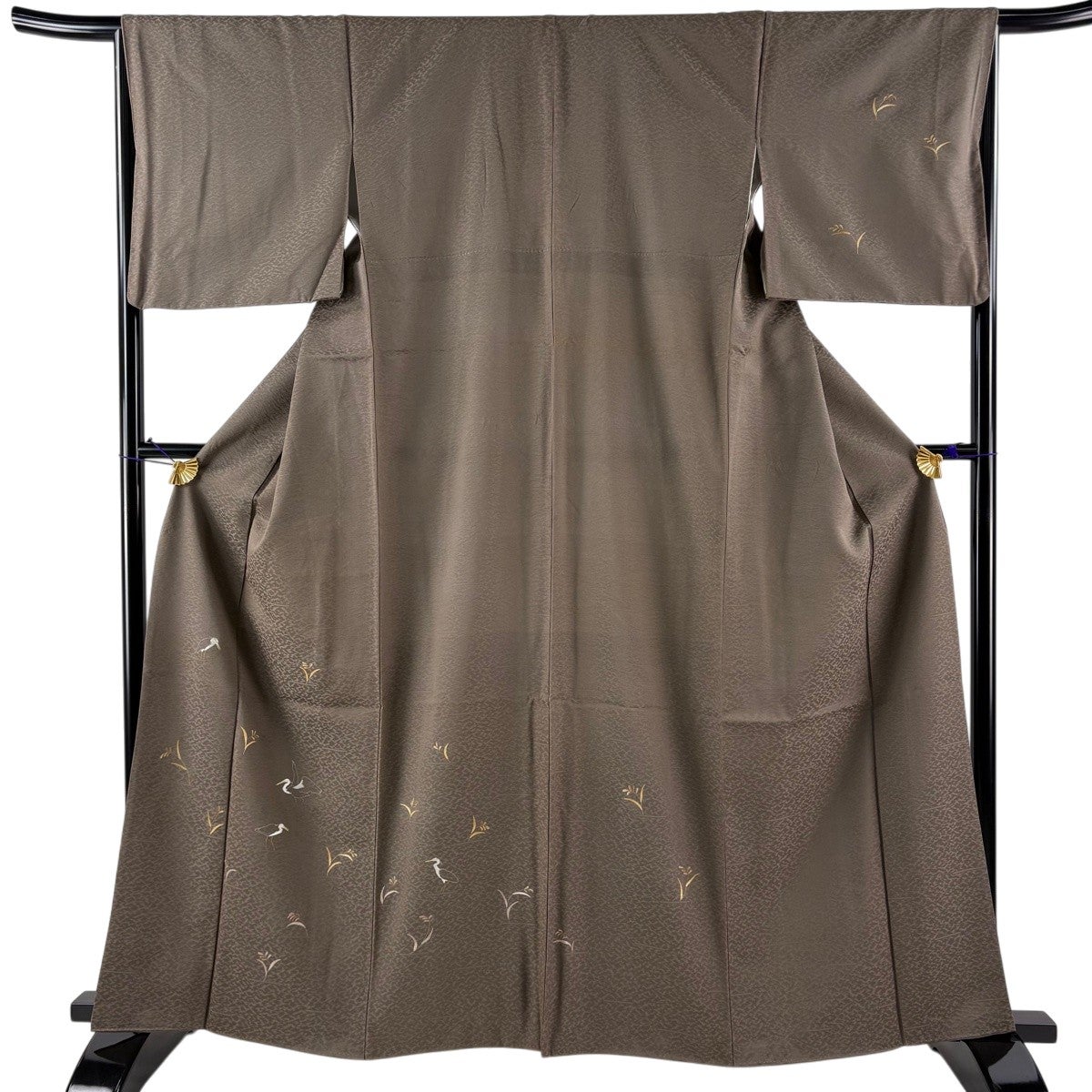 付下げ 身丈162cm 裄丈66cm M 袷 鳥 草花 金彩 灰茶 正絹 秀品｜中古