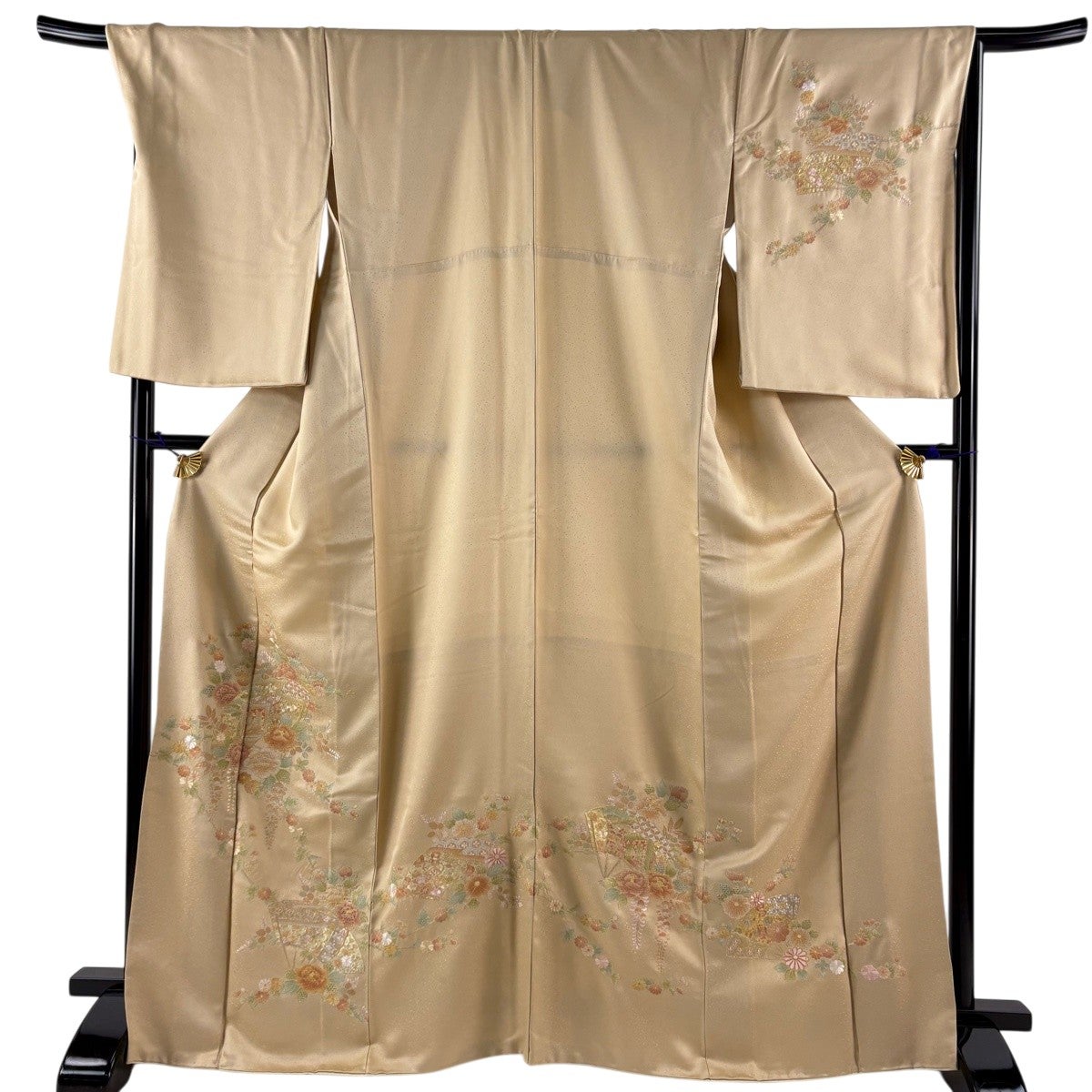 訪問着 身丈158cm 裄丈67.5cm L 袷 扇 松竹梅 金糸 ぼかし 灰緑 正絹