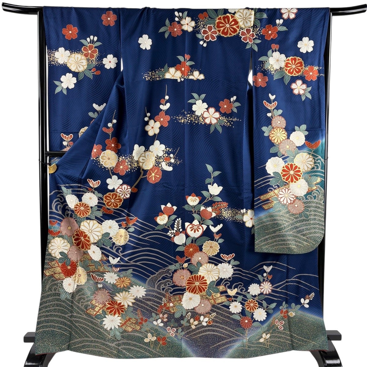 振袖 身丈167cm 裄丈66cm M 袷 花筏 波 金彩 金糸 紺色 正絹 秀品