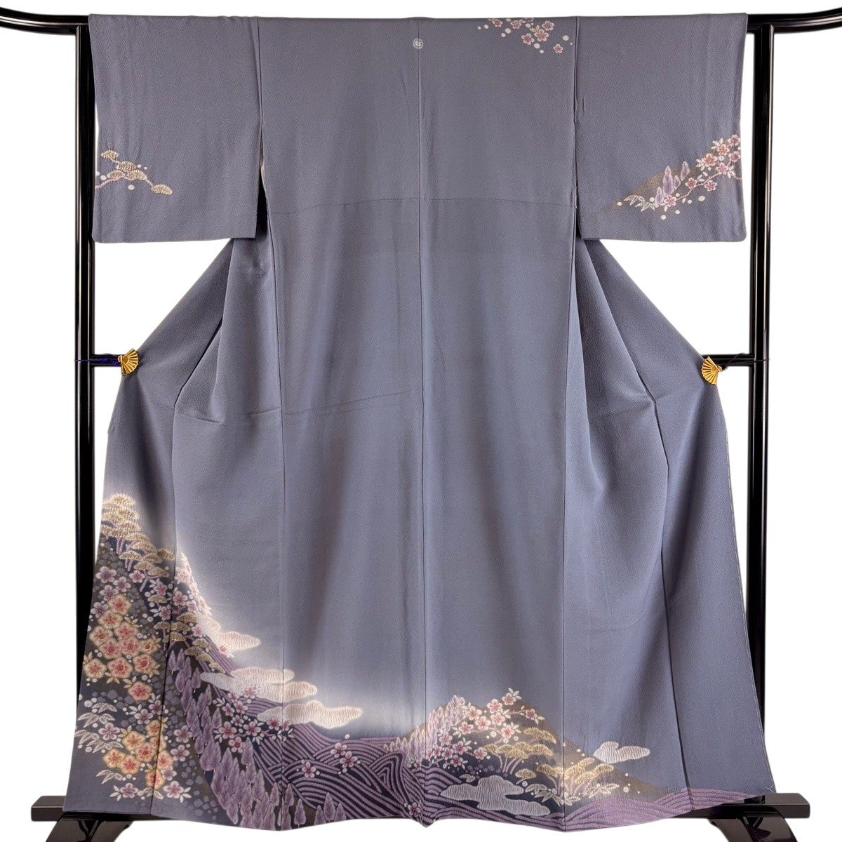 訪問着 身丈152.5cm 裄丈62.5cm S 袷 草花 波 刺繍 絞り 青灰色 正絹