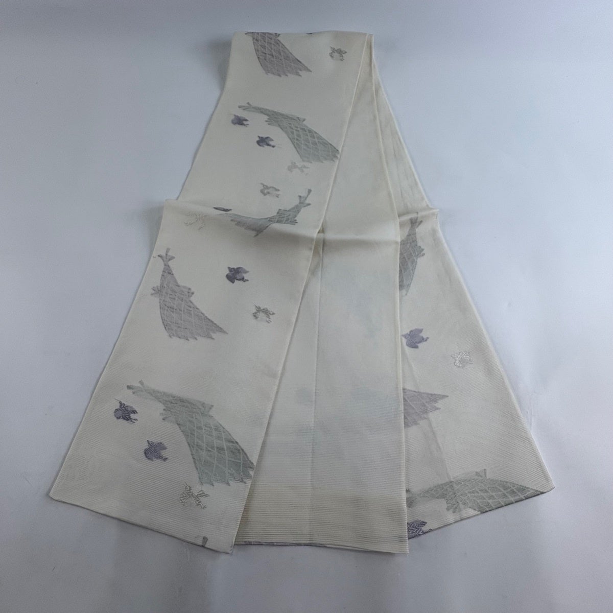 美品】 袋帯 名品 夏帯 絽 鳥 筍 銀糸 クリーム 六通 正絹｜中古・古着