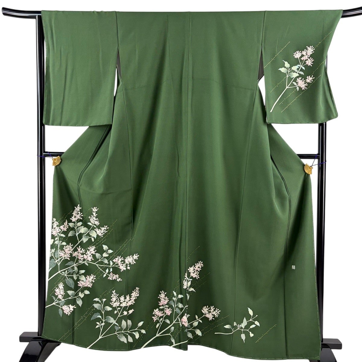 美品】 訪問着 身丈161cm 裄丈68.5cm L 袷 草花 斜縞 ぼかし 緑 正絹