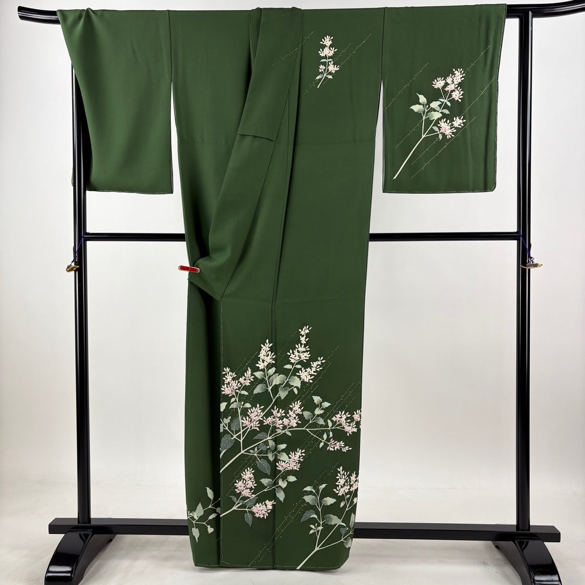 美品】 訪問着 身丈161cm 裄丈68.5cm L 袷 草花 斜縞 ぼかし 緑 正絹