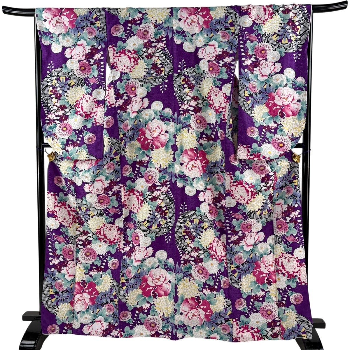 美品】 振袖 身丈166.5cm 裄丈67.5cm L 袷 二尺袖 菊 源氏車 金彩 紫