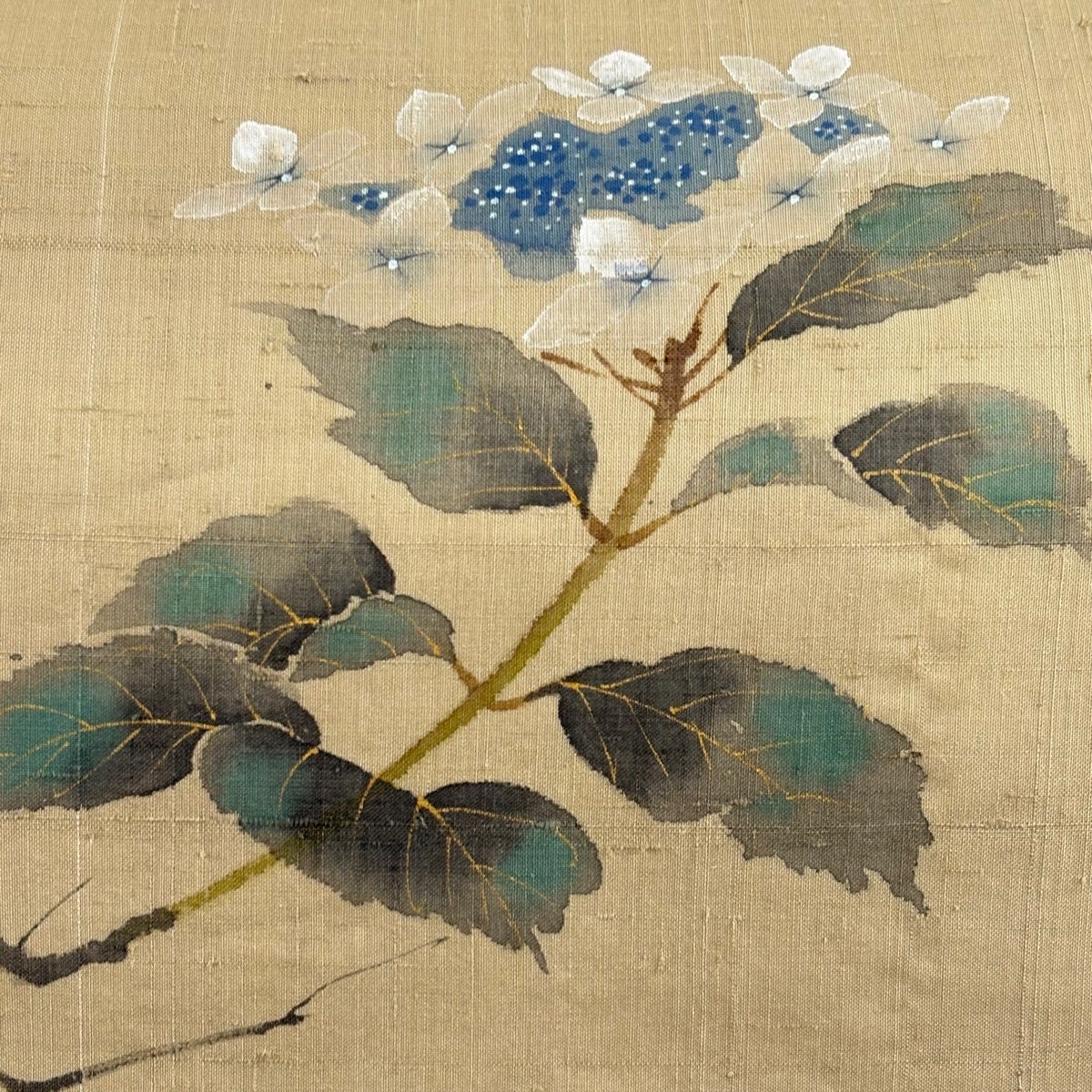 美品】 名古屋帯 名品 夏帯 紬地 紫陽花 金彩 黄土色 正絹｜中古・古着
