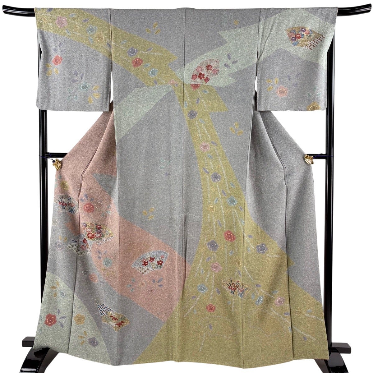 訪問着 身丈169cm 裄丈71.5cm L 袷 扇面 草花 刺繍 箔 茶紫 正絹 秀品