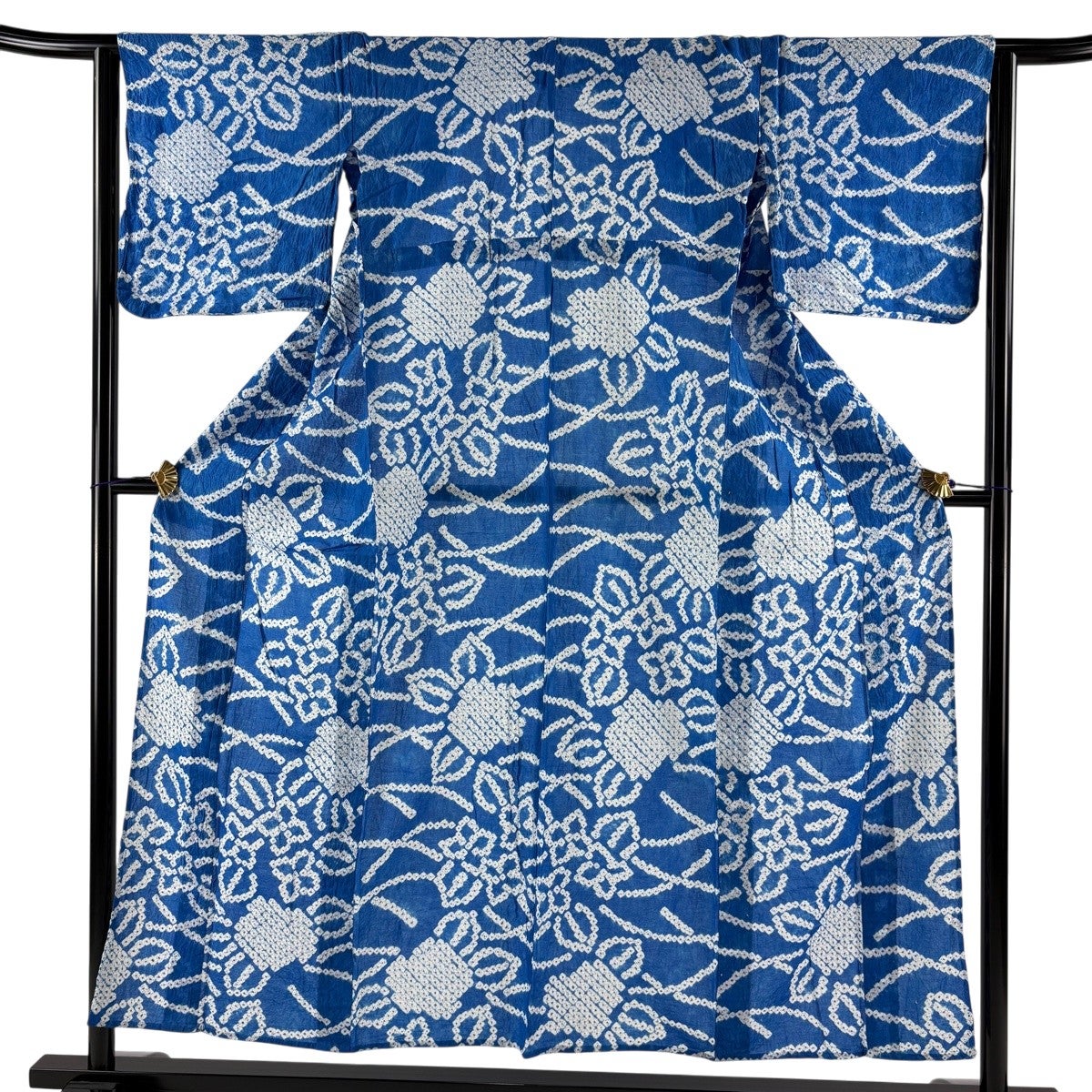 美品】 浴衣 身丈154cm 裄丈63cm S 絞り浴衣 蝶 草花 青緑 綿 名品