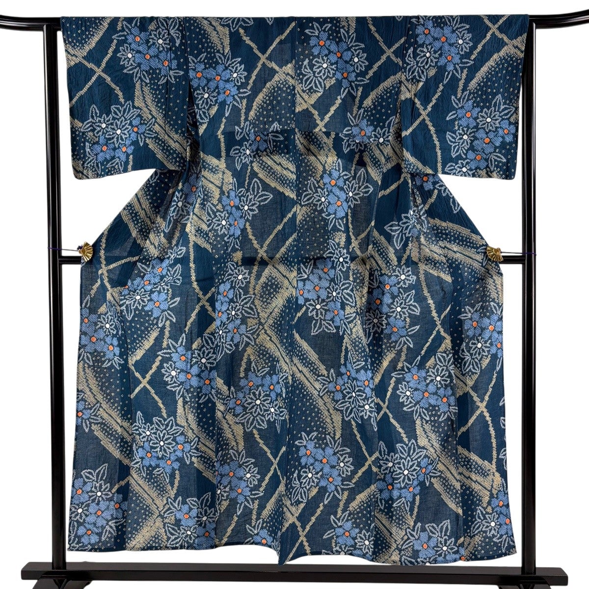 浴衣 身丈153cm 裄丈63cm S 絞り浴衣 草花 幾何学 青緑 綿 名品｜中古