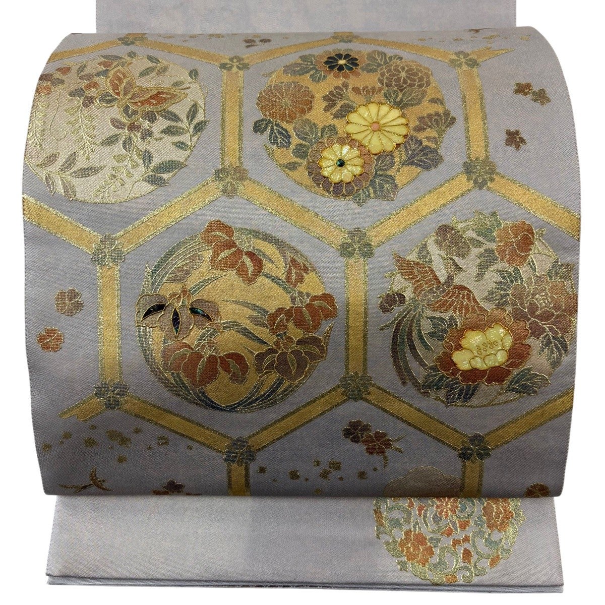 袋帯 名品 草花 螺鈿 金彩 薄ピンク お太鼓柄 正絹｜中古・古着