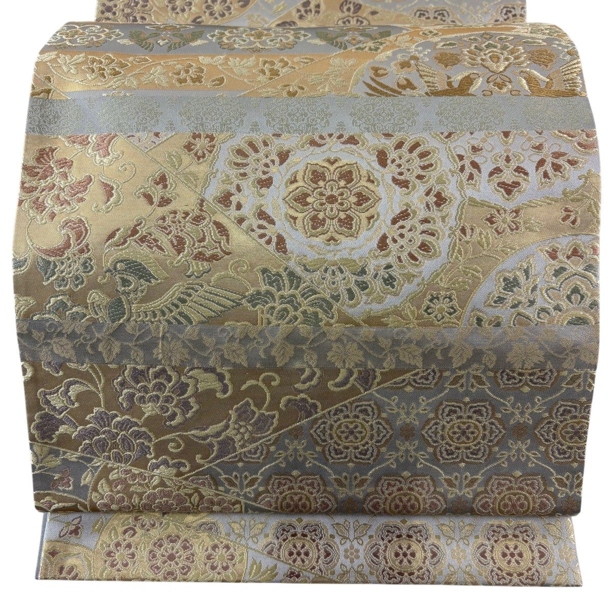 悠久の美　箔屋清兵衛　袋帯 美品 逸品 落款 箔 灰紫 お太鼓柄 正絹 美品】 袋帯 名品 箔屋清兵衛 落款あり 悠久の美 華文 花唐草 箔 青