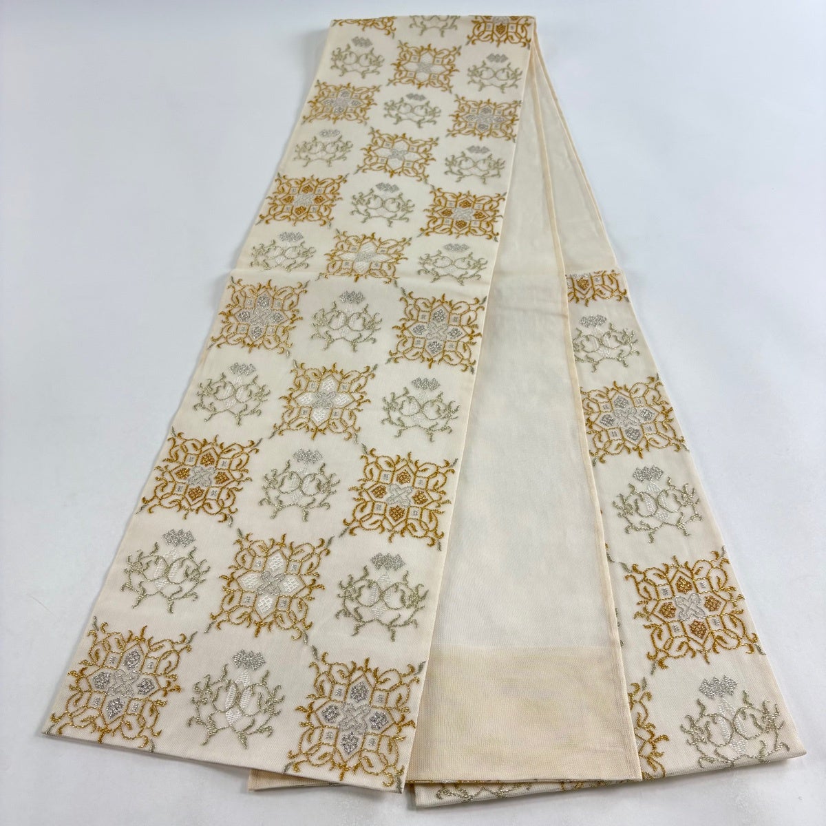 袋帯 名品 夏帯 華文 金銀糸 箔 ベージュ 六通 正絹｜中古・古着