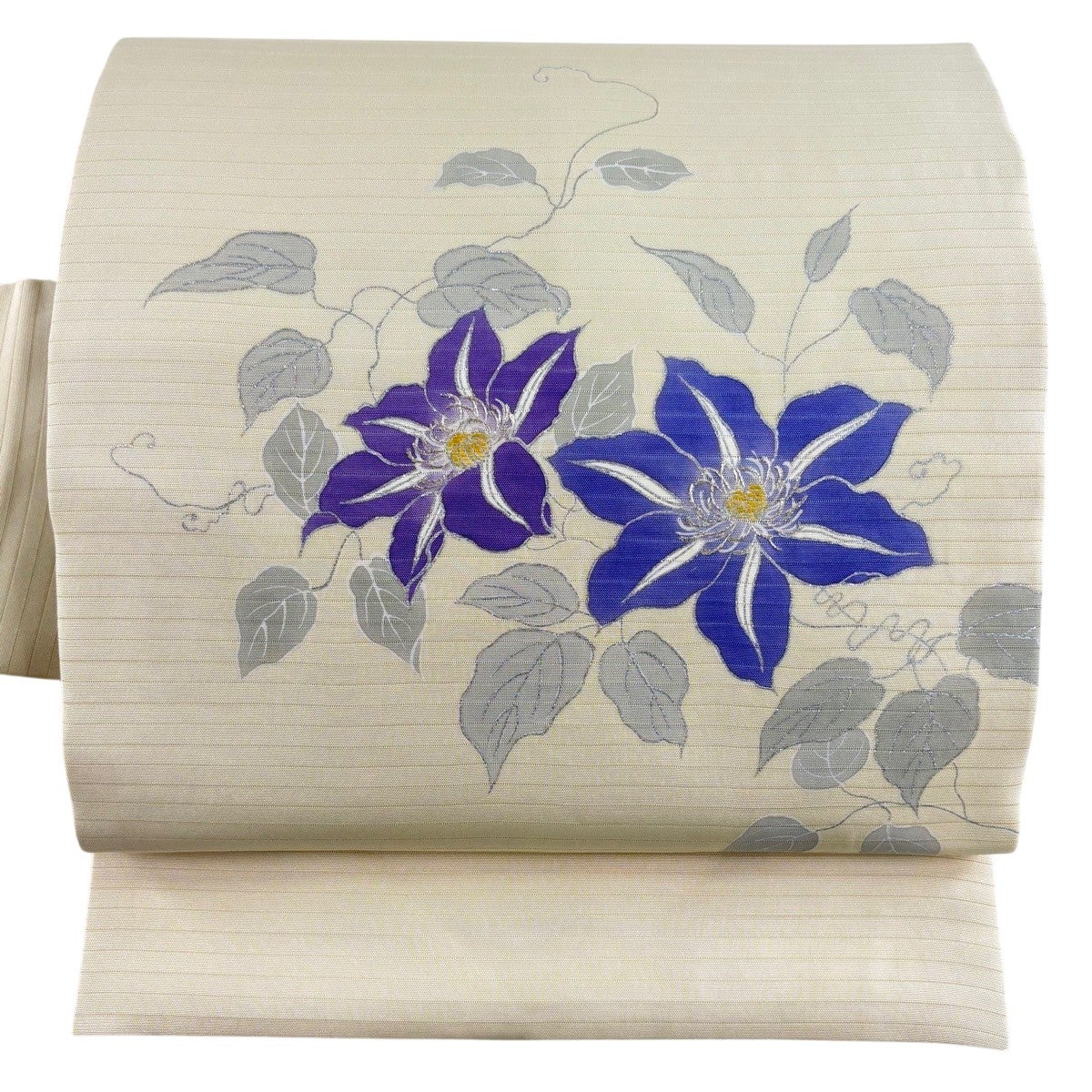美品】 名古屋帯 名品 夏帯 絽 草花 銀糸 銀彩 クリーム 正絹｜中古