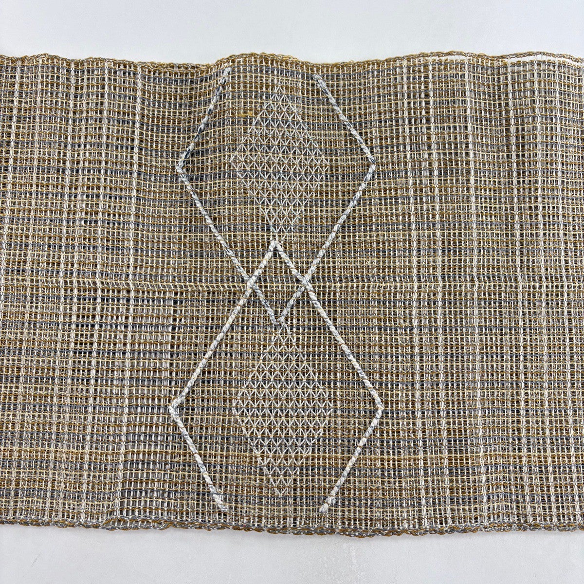 美品】 名古屋帯 名品 夏帯 八寸名古屋帯 松葉仕立て 菱 縞 金銀糸