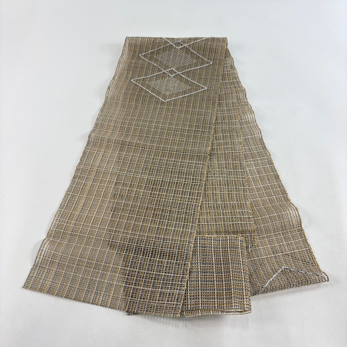 美品】 名古屋帯 名品 夏帯 八寸名古屋帯 松葉仕立て 菱 縞 金銀糸