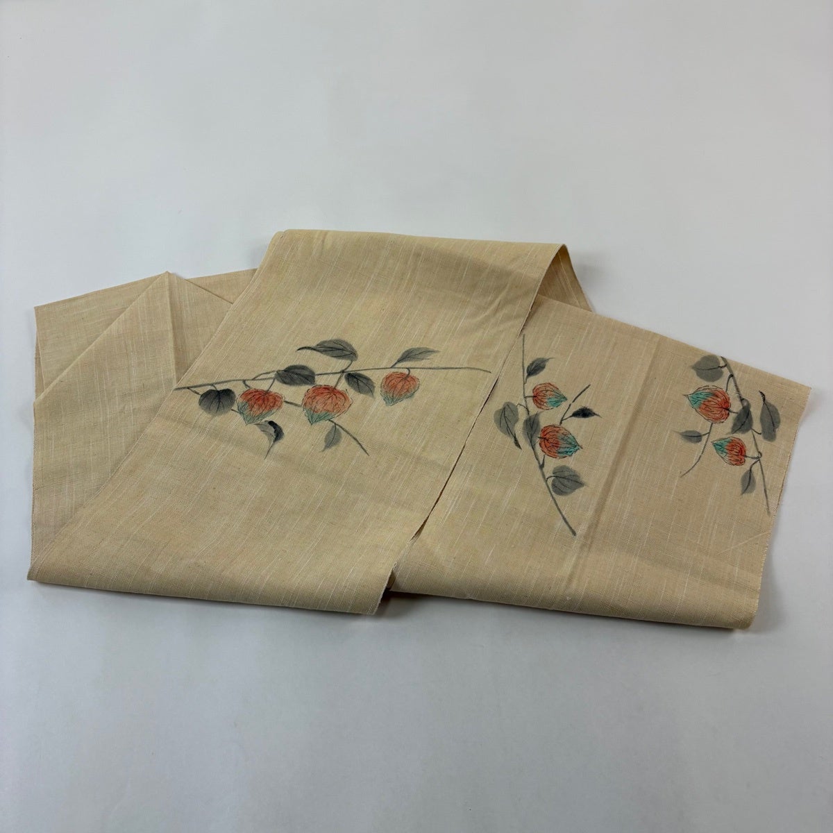 名古屋帯 秀品 落款あり 夏帯 紬地 八寸名古屋帯 松葉仕立て ホオズキ