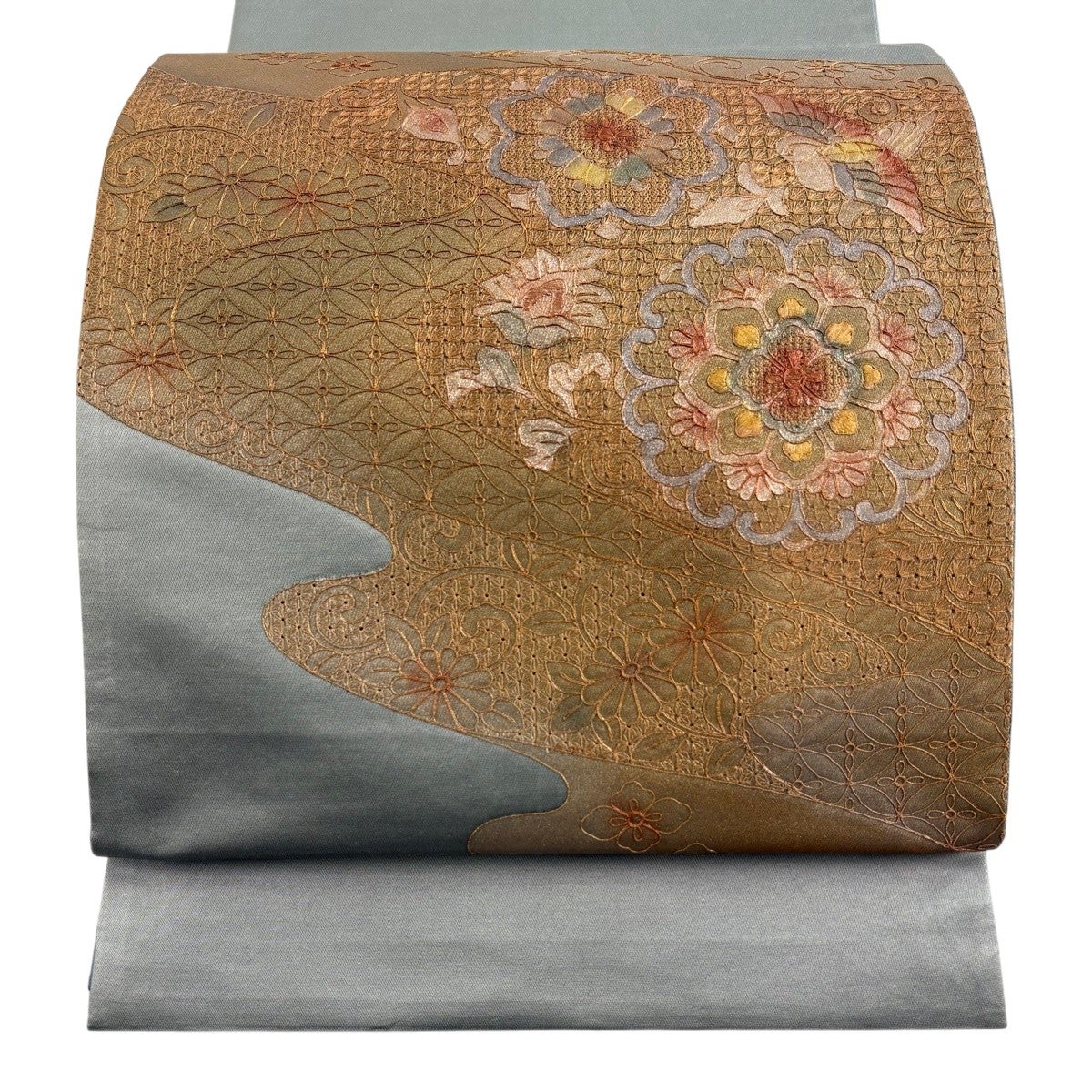 美品】 袋帯 秀品 雫 流水 箔 金銀彩 青緑 お太鼓柄 正絹｜中古・古着