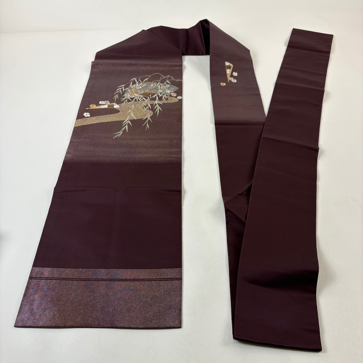 名古屋帯 秀品 草花 扇 金糸 金彩 紫 正絹｜中古・古着・リサイクル
