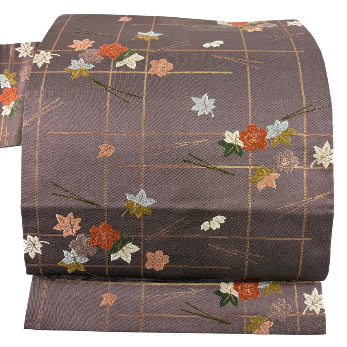 30%OFF 名古屋帯 優品 関西仕立て 吹き寄せ 刺繍 箔 紫 正絹 K30｜中古