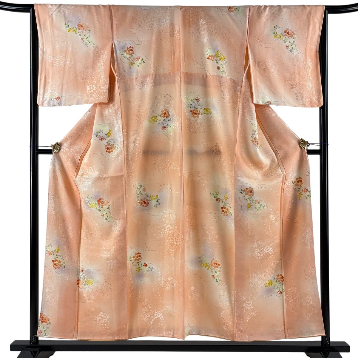 小紋/美品/白地/仕立上がり/適応身長146～154cm/9041 小紋 着物 未使用 正絹 袷 薄紫 白 地紋 四季の花 菊 桜 梅 椿 桐 美品