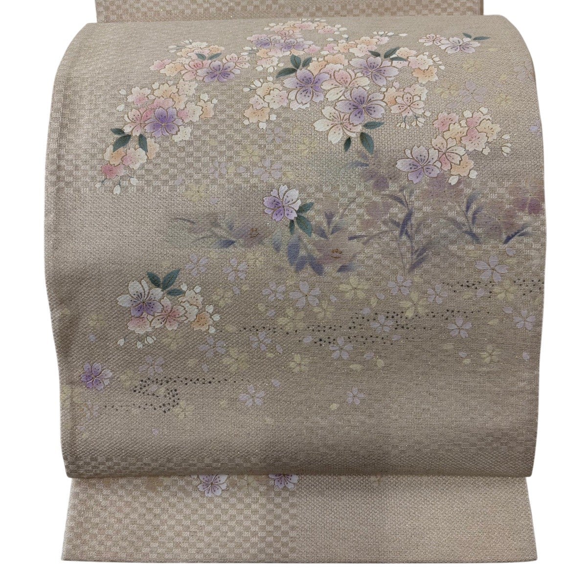 名古屋帯　オフホワイト　朱　グレー　茶　ベージュ　紫　ゴールド　金駒加工　椿　B1112 名古屋帯 逸品 タツノオトシゴ 金銀彩 山吹茶色 正絹｜中古・古着