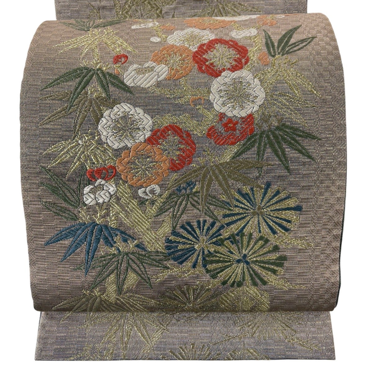 美品】 袋帯 秀品 草花 幾何学 金糸 灰緑 お太鼓柄 正絹|中古・古着 美品】 袋帯 秀品 草花 幾何学 金糸 灰緑 お太鼓柄 正絹|中古・古着