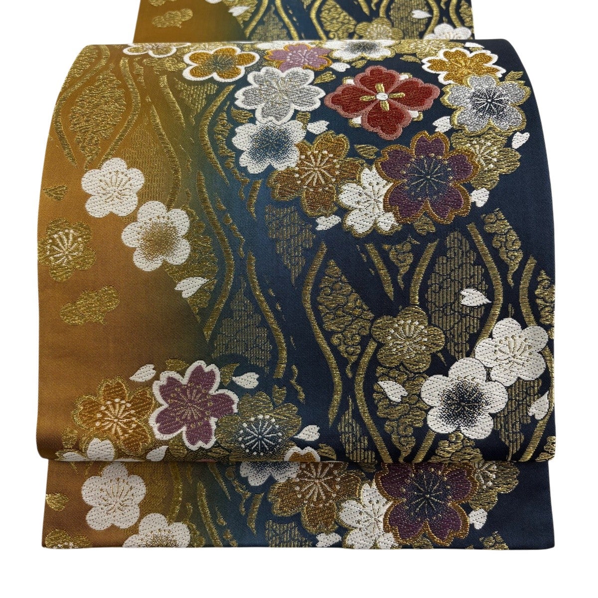 振袖　超美品　正絹　金糸刺繍　濃紫 美品】 袋帯 秀品 振袖向き 華文 桜 金銀糸 刺繍 紺色 六通 正絹｜中古