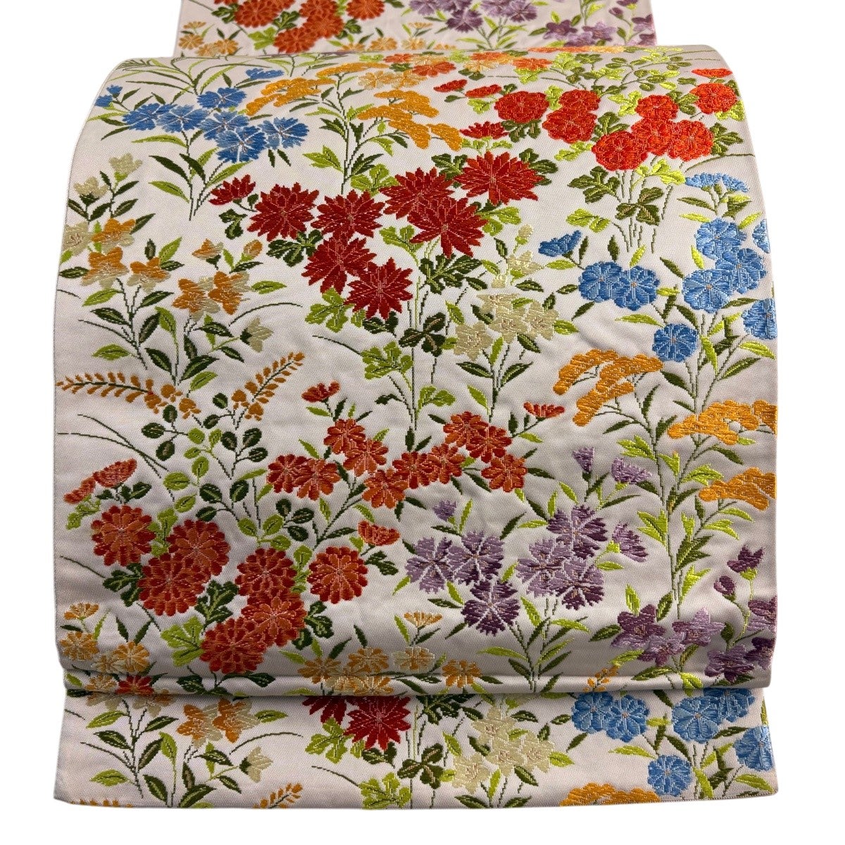 美品 袋帯 正絹 六通 鴛鴦 四季の花 桜 牡丹 菊 金糸 シック エレガント 袋帯 秀品 草花 鳥 金糸 唐織 灰紫 六通 正絹｜中古・古着・リサイクル