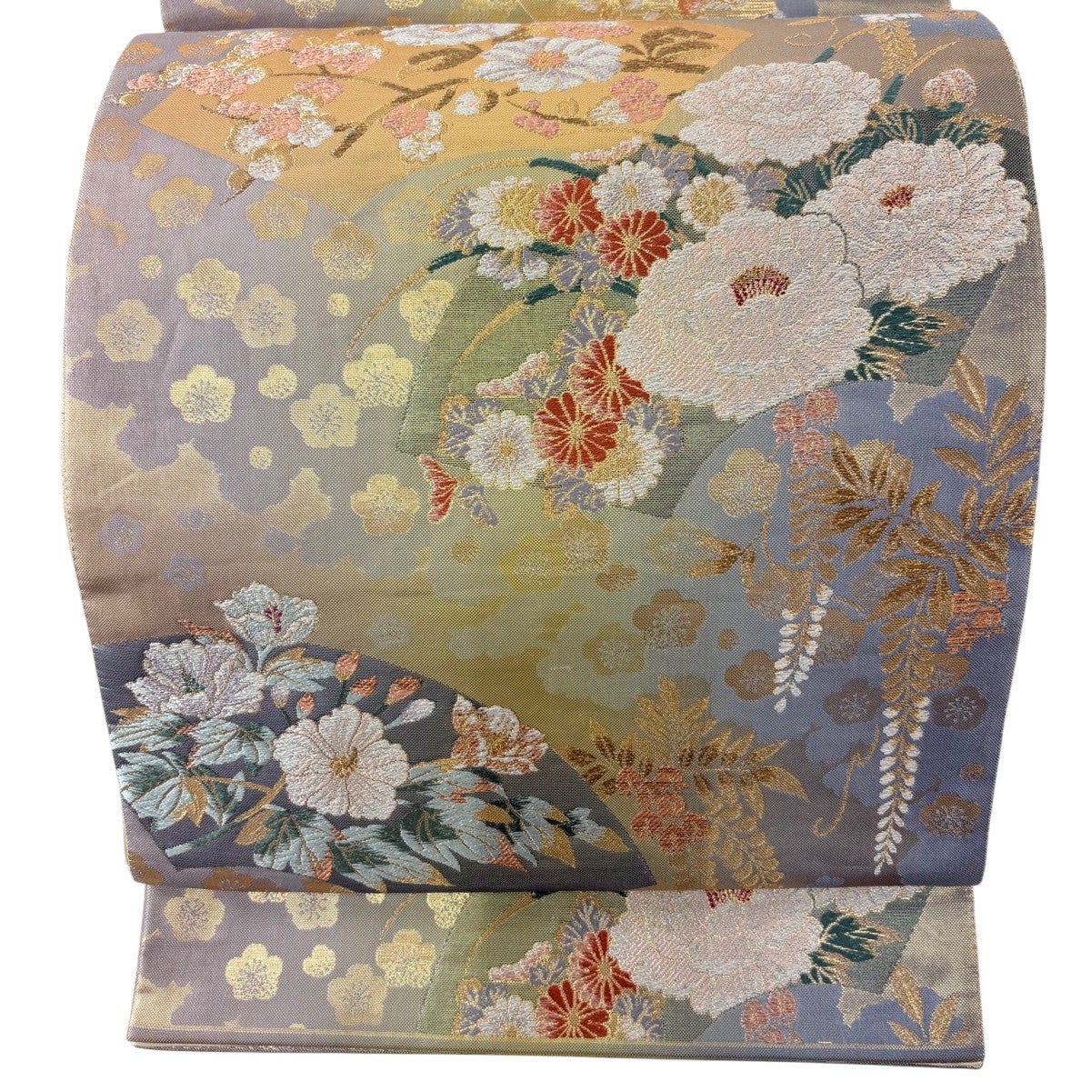 袋帯 逸品 中村乃武夫 落款あり 草花 金糸 箔 灰色 六通 正絹｜中古