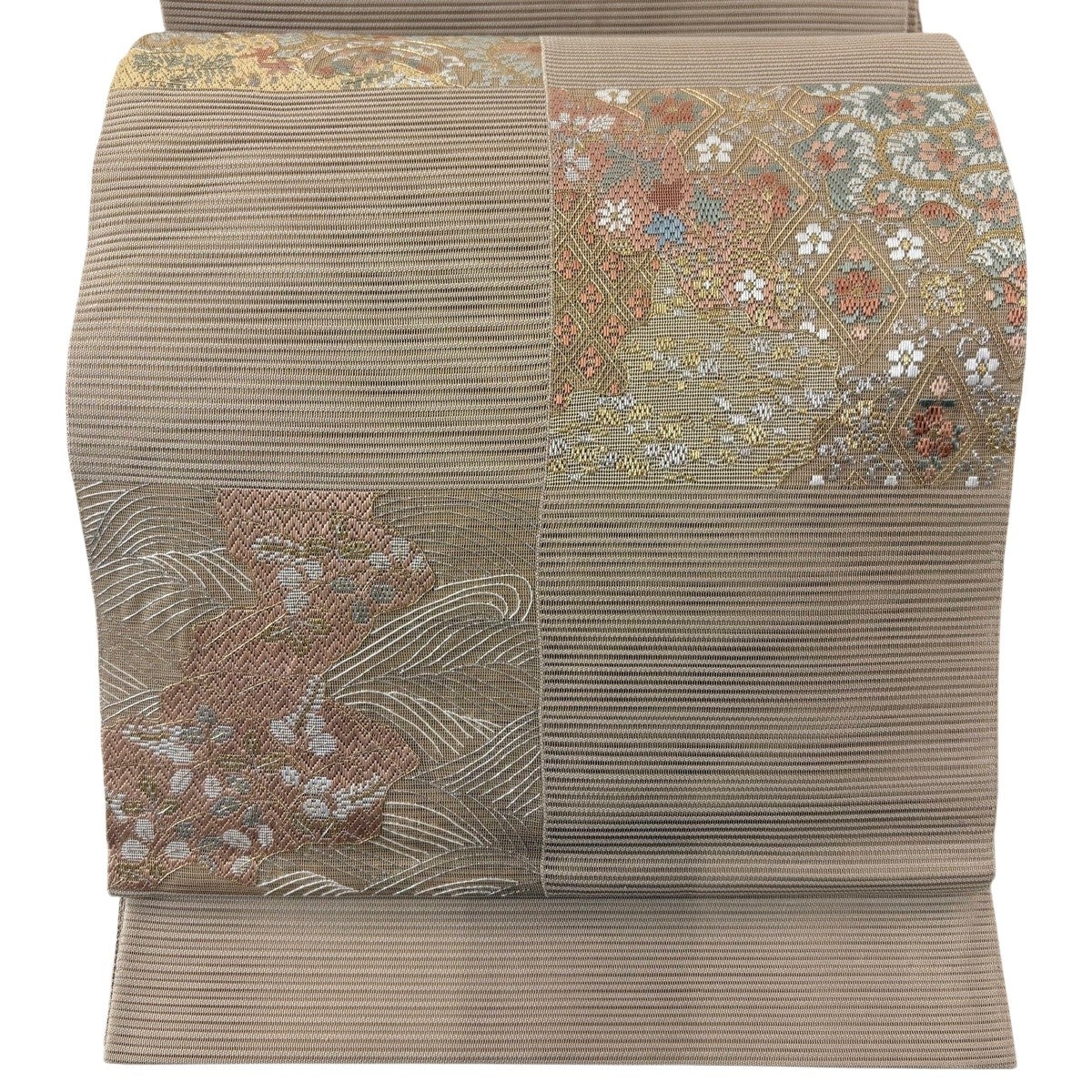 美品】 袋帯 秀品 波 金銀糸 箔 薄茶色 お太鼓柄 正絹｜中古・古着