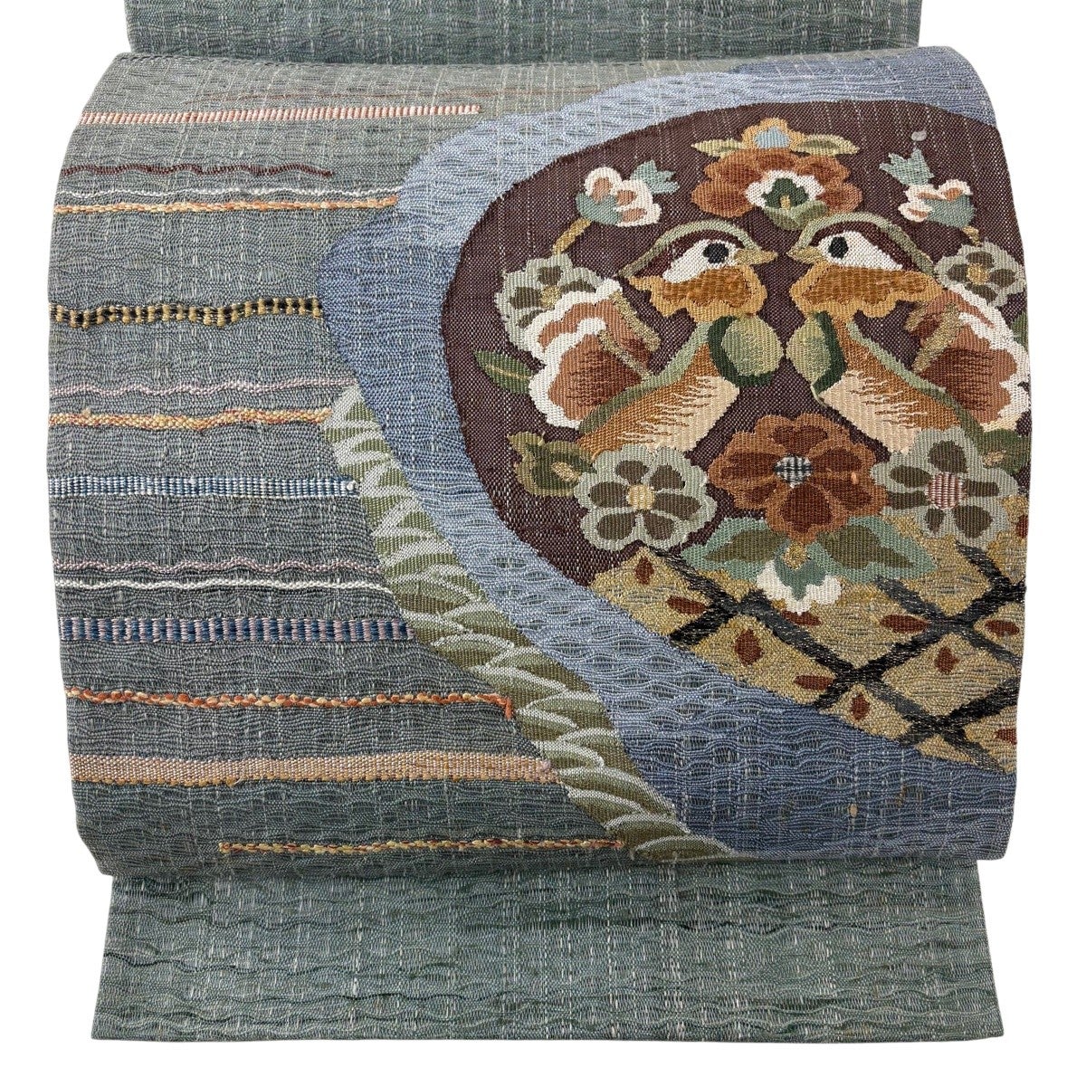 袋帯 逸品 辻村ジュサブロー 落款あり 草花 箔 深緑 六通 正絹｜中古