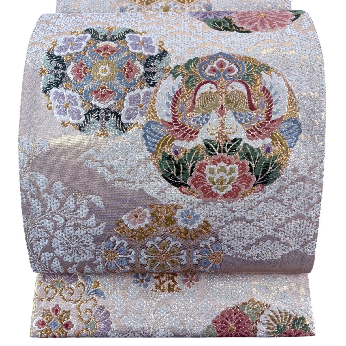 美品】 袋帯 秀品 裂取宝飾華文 向かい鳥 箔 唐織 金色 六通 正絹