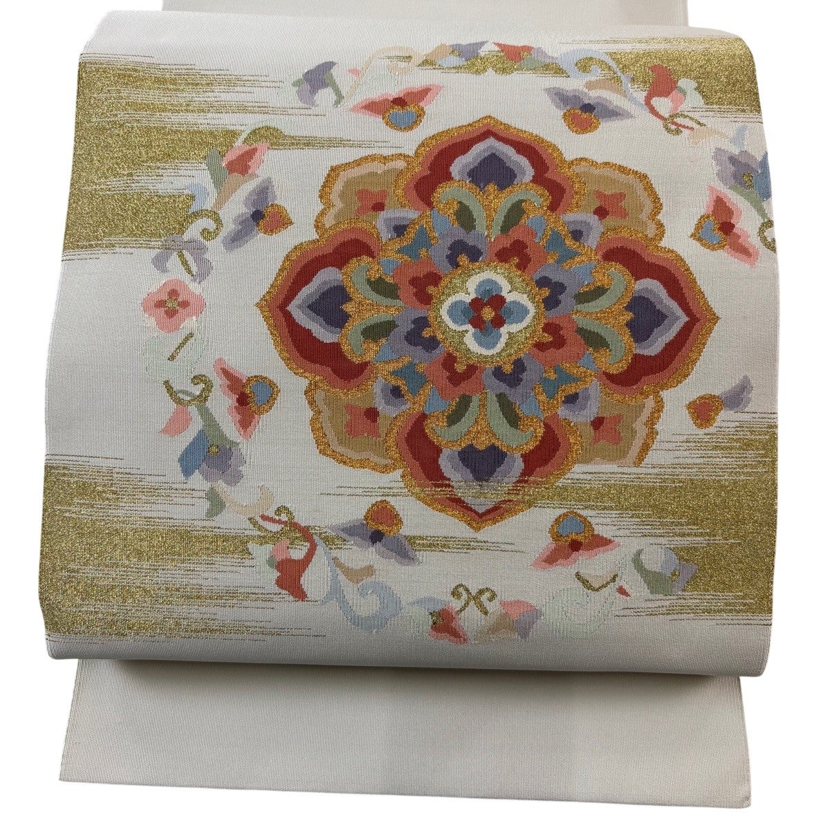 名古屋帯 秀品 八寸名古屋帯 松葉仕立て 華文 花唐草 金糸 灰白 正絹