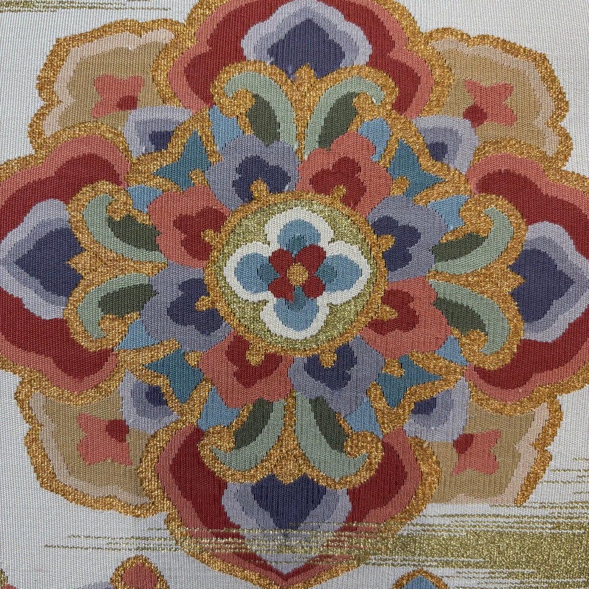 名古屋帯 秀品 八寸名古屋帯 松葉仕立て 華文 花唐草 金糸 灰白 正絹