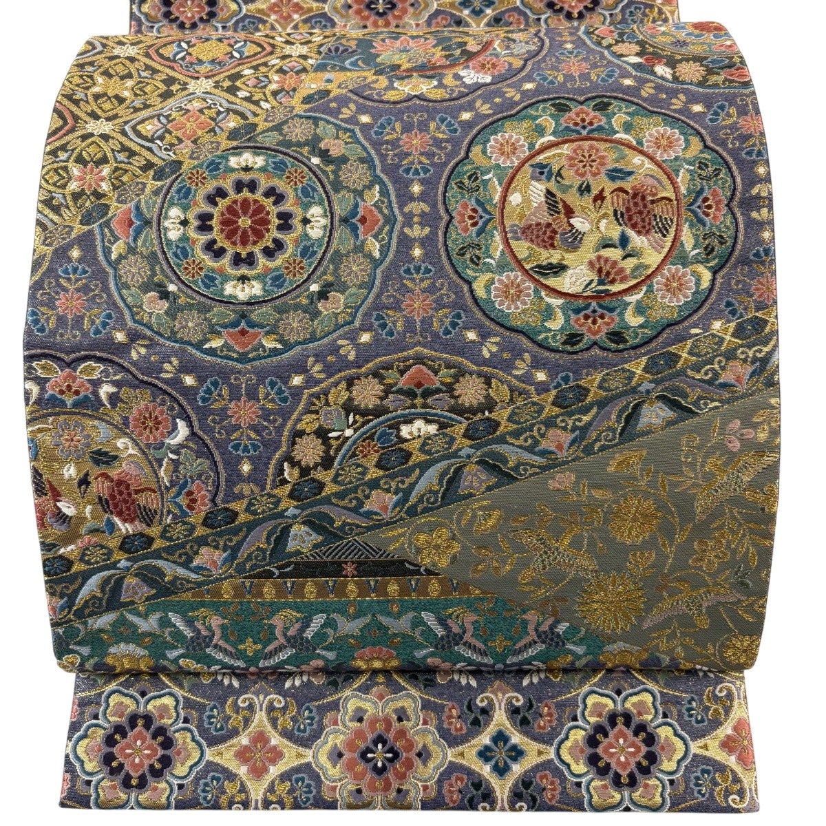 美品】 袋帯 秀品 華文 花鳥 箔 金糸 紫 六通 正絹｜中古・古着