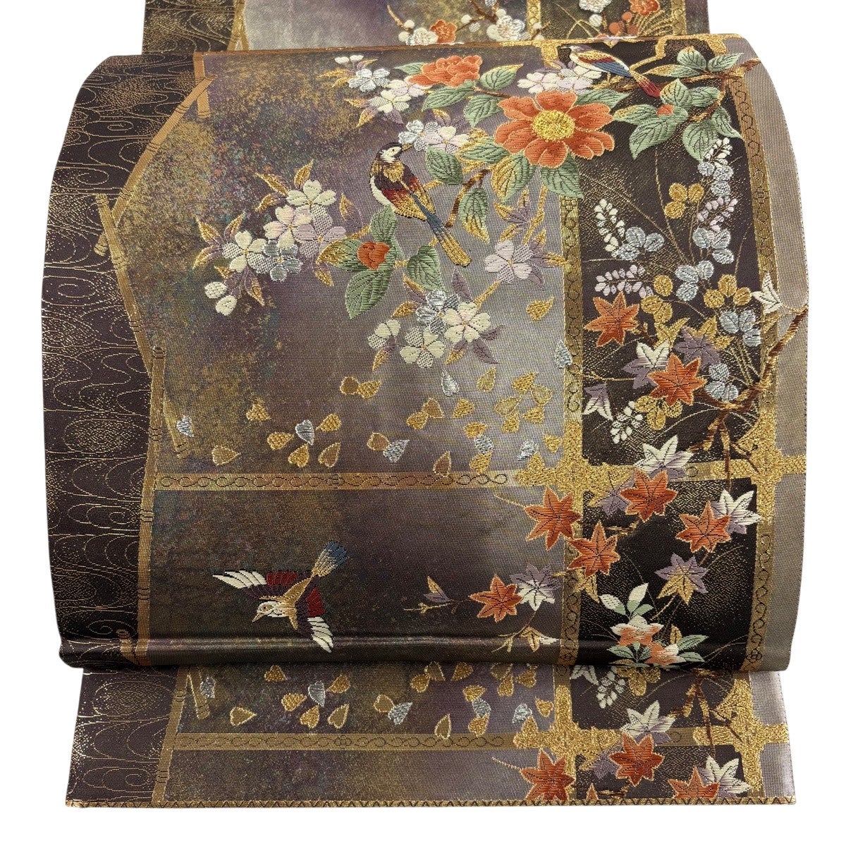 袋帯 秀品 鳥 枝花 金銀糸 箔 茶紫 お太鼓柄 正絹｜中古・古着