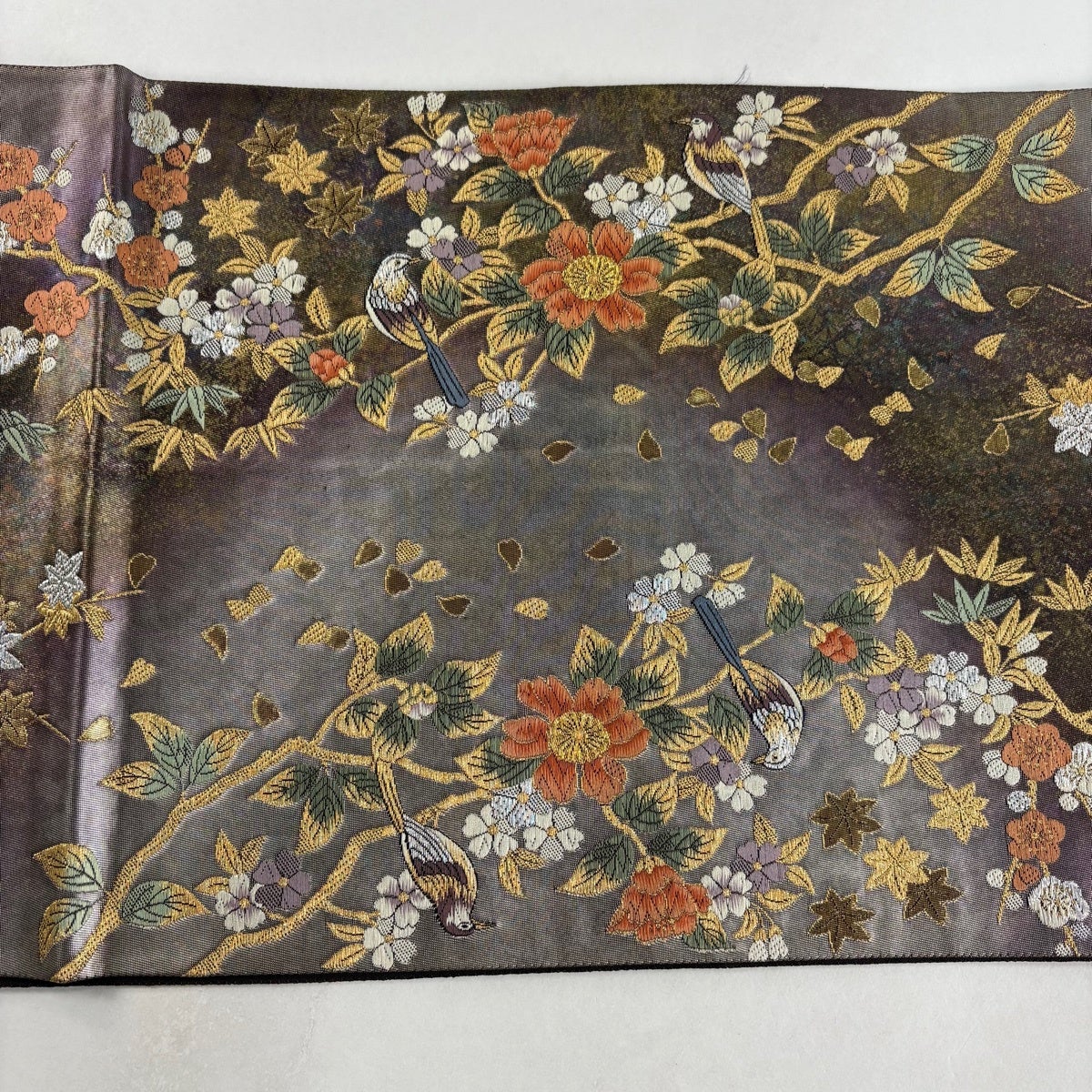 袋帯 秀品 鳥 枝花 金銀糸 箔 茶紫 お太鼓柄 正絹｜中古・古着