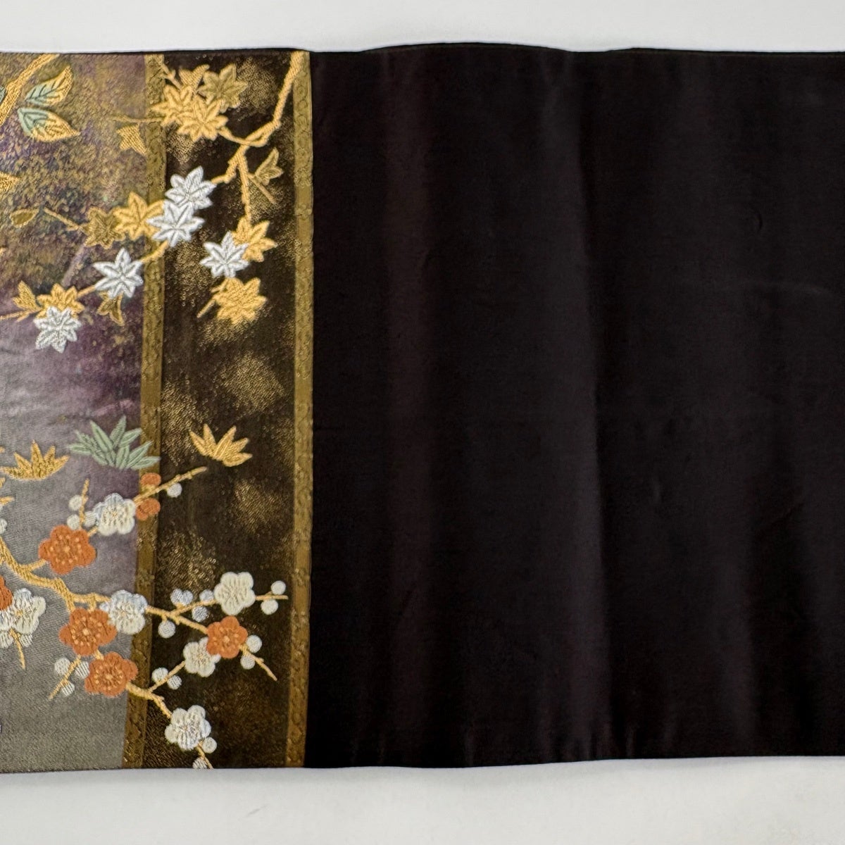 袋帯 秀品 鳥 枝花 金銀糸 箔 茶紫 お太鼓柄 正絹｜中古・古着