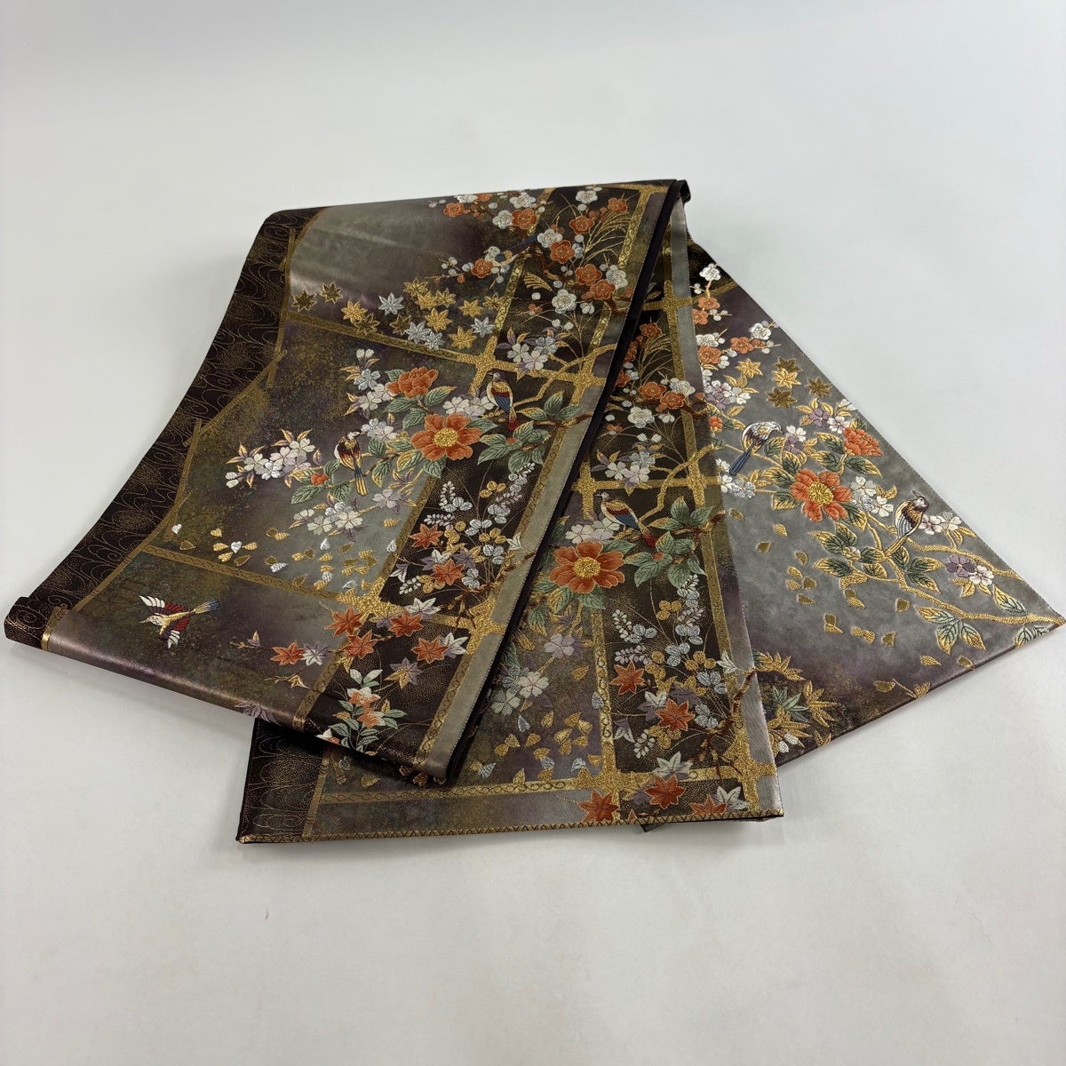 袋帯 秀品 鳥 枝花 金銀糸 箔 茶紫 お太鼓柄 正絹｜中古・古着