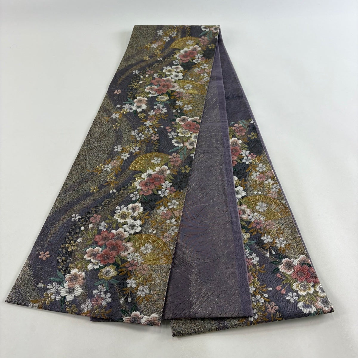 袋帯 秀品 やまと 桜 檜扇 箔 金糸 灰紫 六通 正絹｜中古・古着