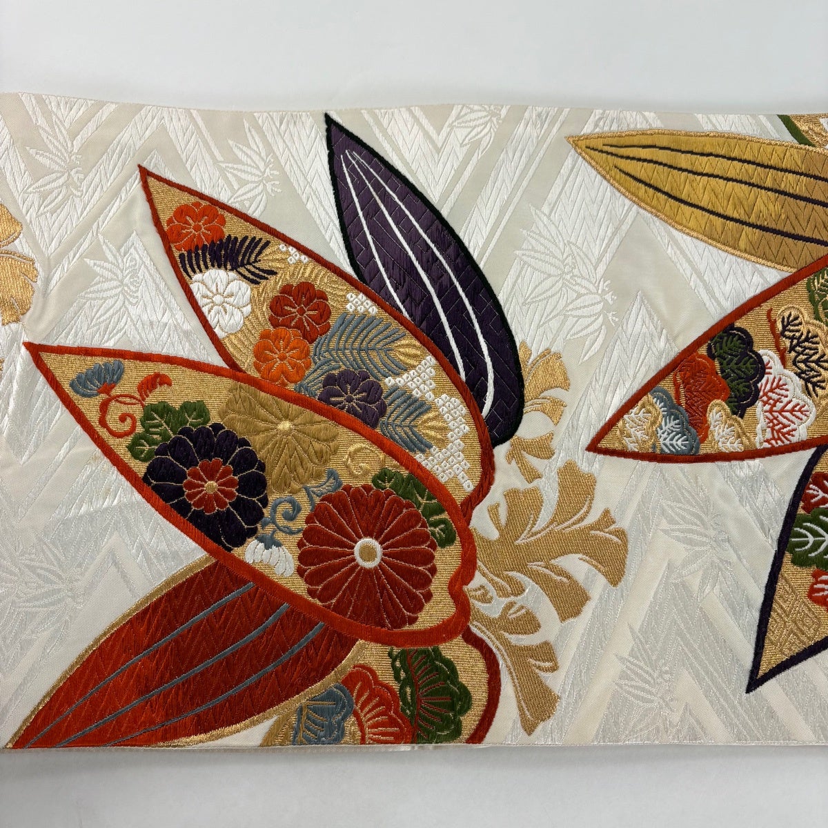 袋帯 秀品 関西仕立て 松竹梅 菊唐草 唐織 金糸 クリーム 六通 正絹