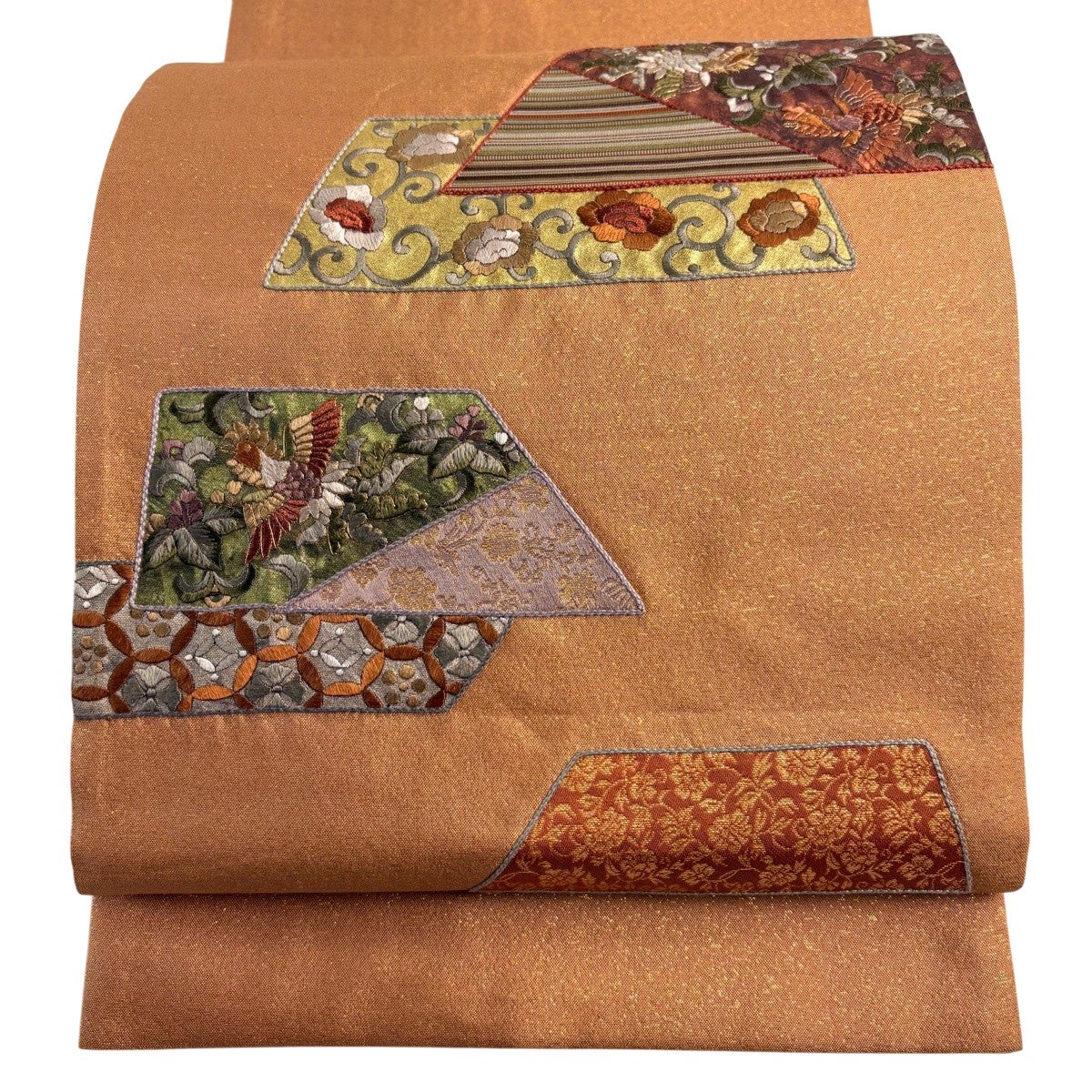 袋帯 秀品 花唐草 鳥 金糸 金銀彩 薄茶色 お太鼓柄 正絹｜中古・古着