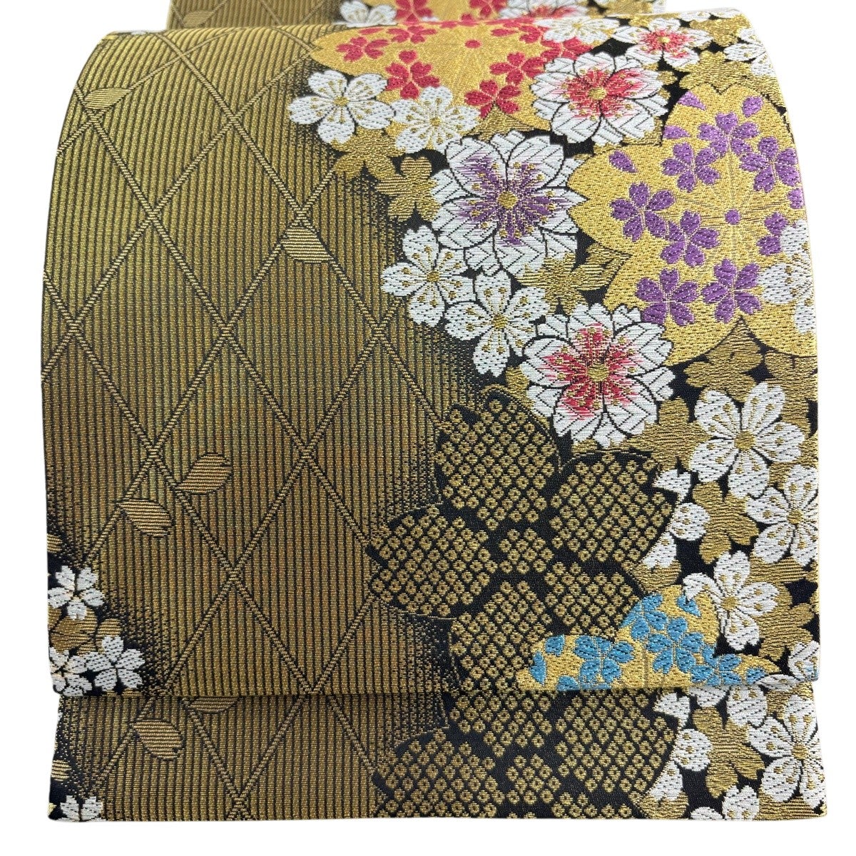 袋帯 美品 秀品 菊 桜 金糸 刺繍 金色 六通 正絹 【中古】 袋帯 六