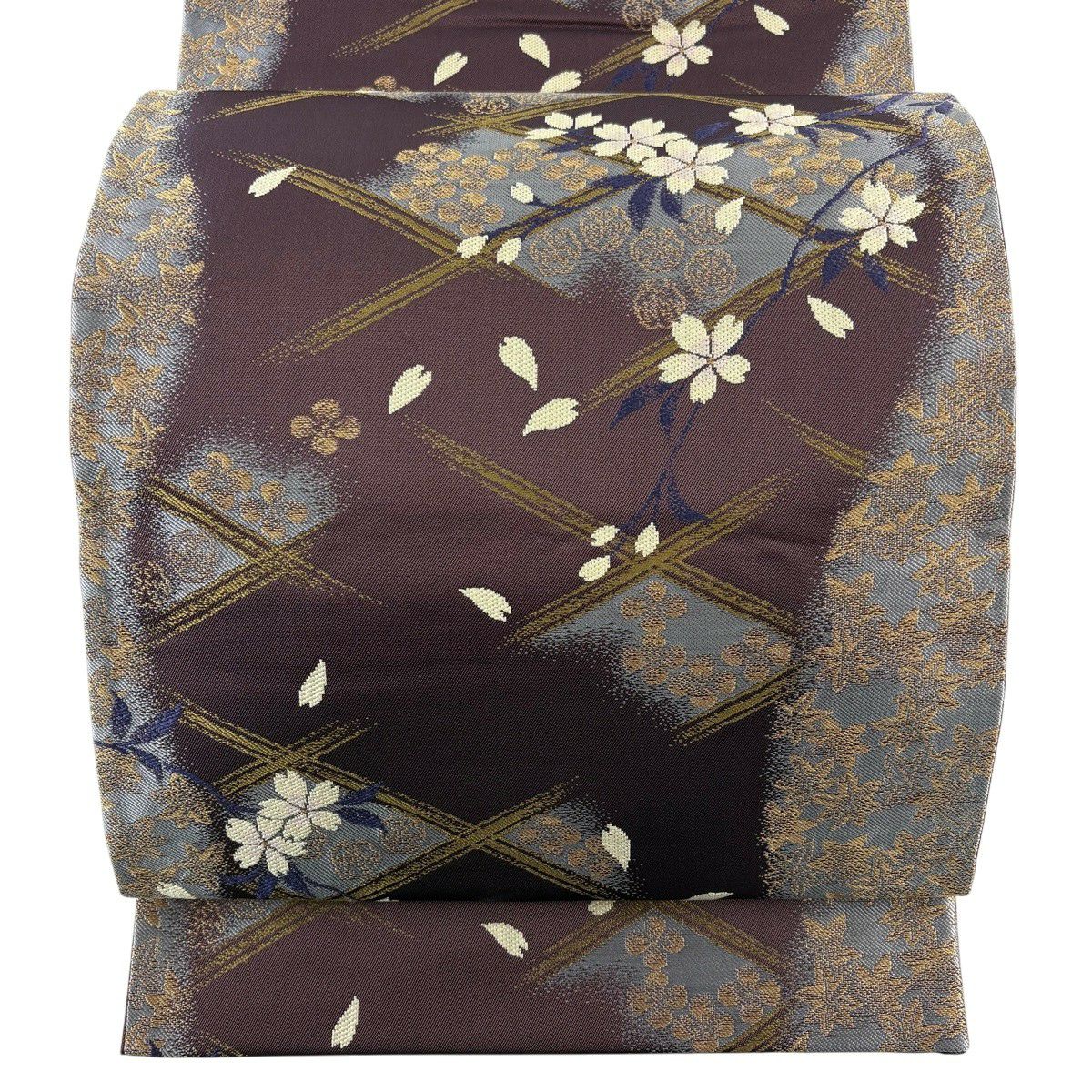 美品】 袋帯 名品 坂東三津五郎 落款あり 花布季 やまと 桜楓 菱格子