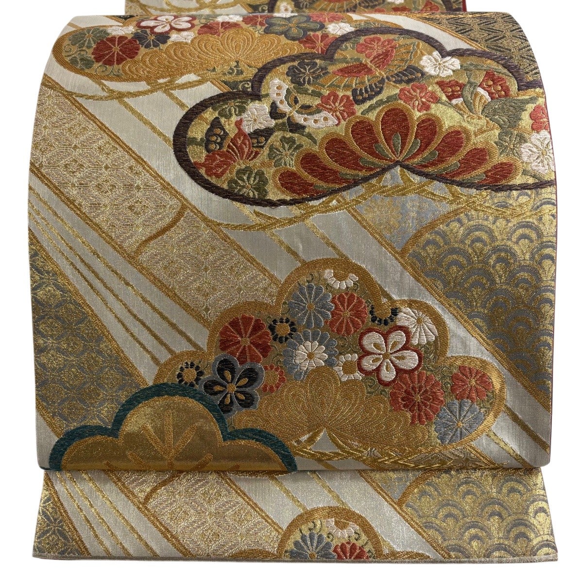 美品】 袋帯 秀品 草花 鳥 箔 金銀糸 薄緑 六通 正絹｜中古・古着