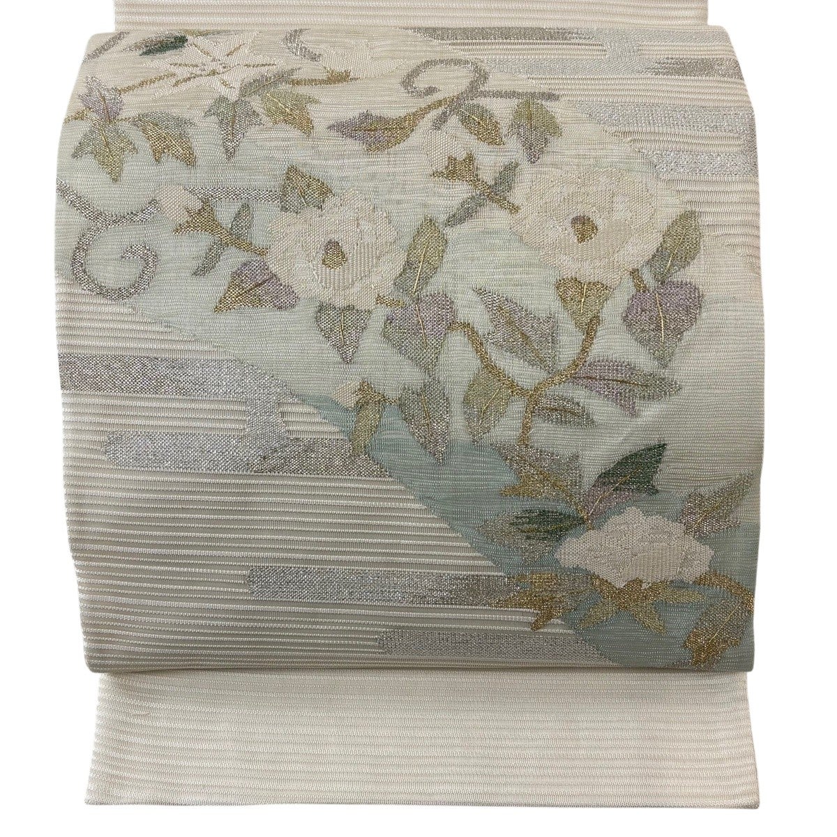 名古屋帯 秀品 ヱ霞 草花 箔 唐織 薄緑 正絹｜中古・古着・リサイクル