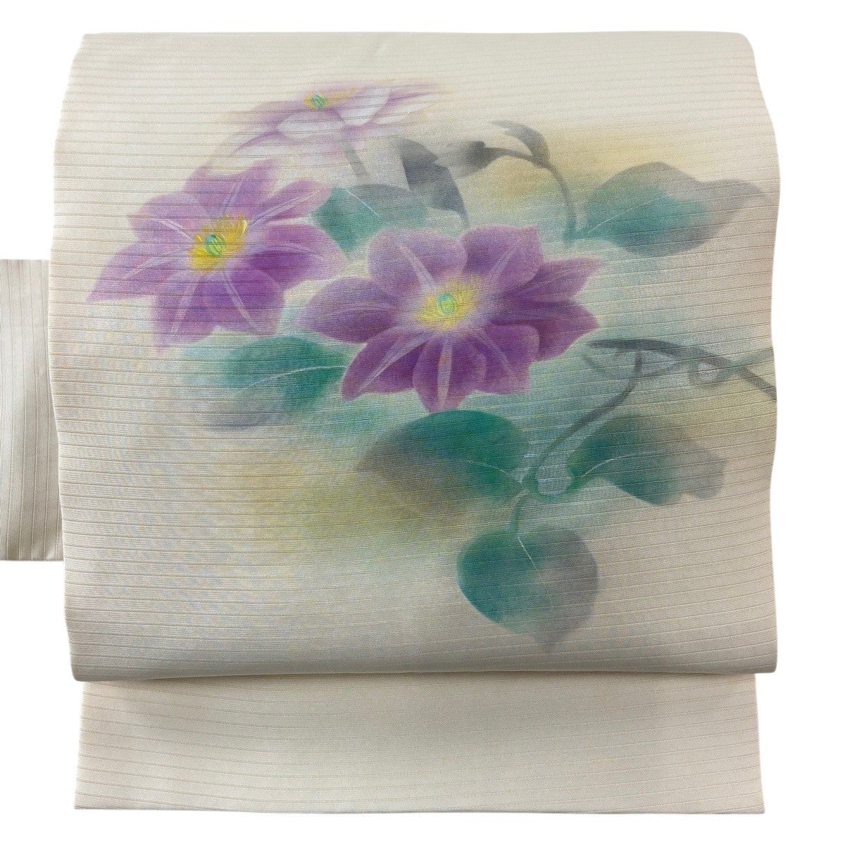 しつけ付き　落款あり　名古屋帯 美品】 名古屋帯 秀品 落款あり 夏帯 絽 草花 クレマチス ぼかし
