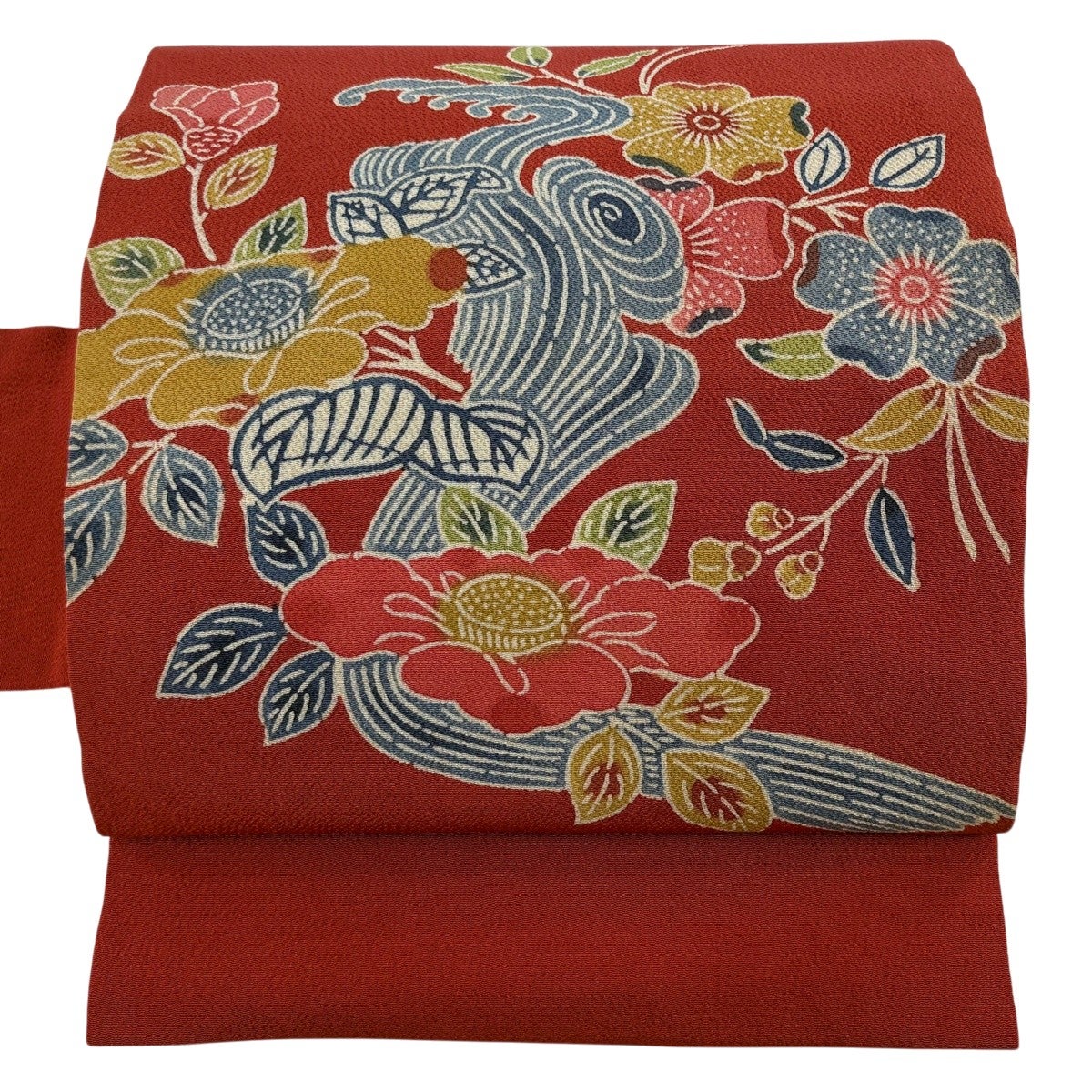 名古屋帯 逸品 落款あり 伊勢型染 草花 縮緬 黒 正絹｜中古・古着